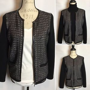 Talbots,woven sweater jacket w/Faux leather trim